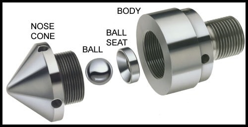 CMD ball check valve exploded diagram — nose cone, ball, ball seat, and body